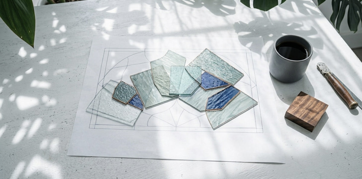 Cut art glass in sea-glass greens and blues laid over a paper pattern on a sunlit worktable, beside a koa wood offcut and a dark mug
